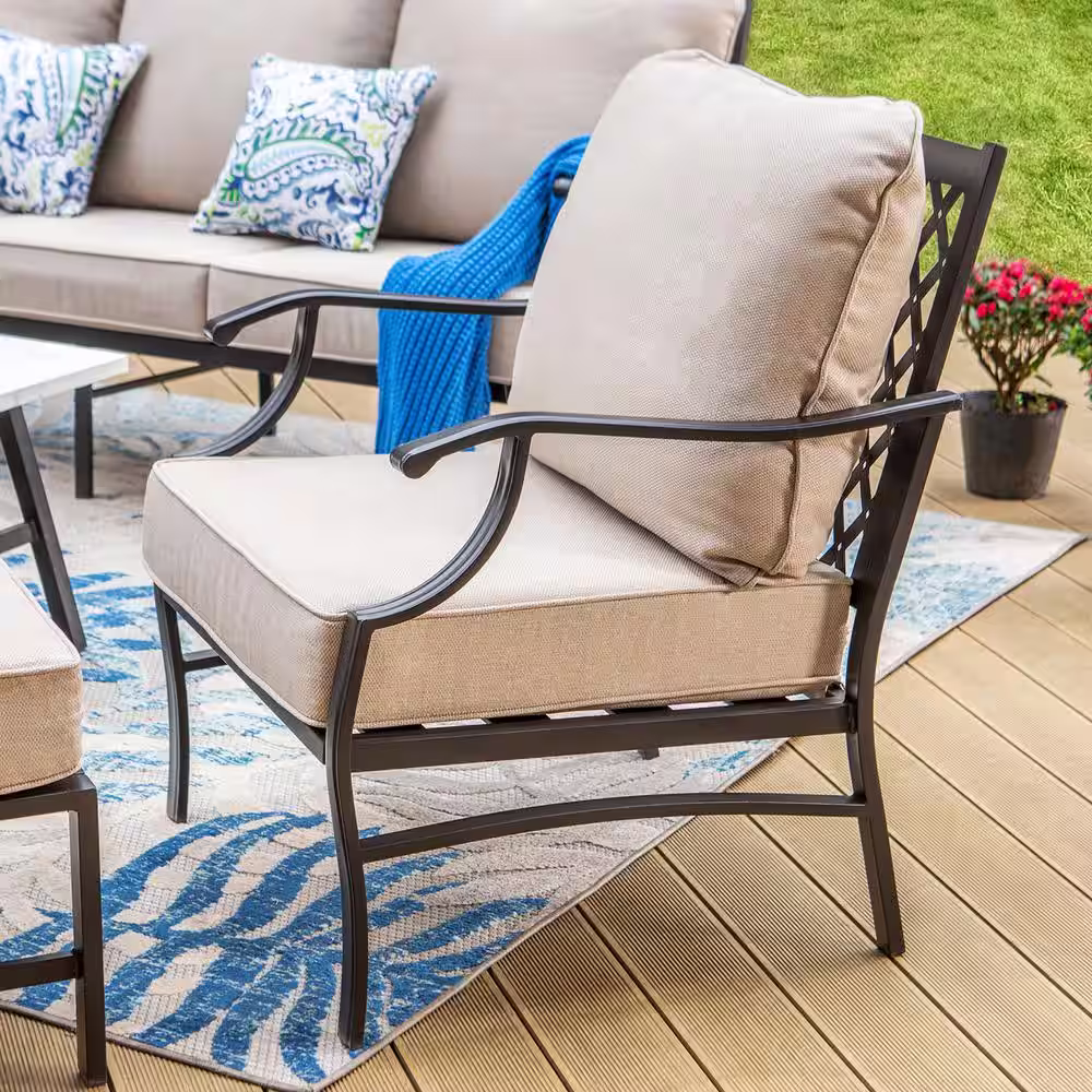 None Black Meshed 9-Seat 7-Piece Metal Outdoor Patio Conversation Set with Beige Cushions,2 Motion Chairs and 2 Ottomans