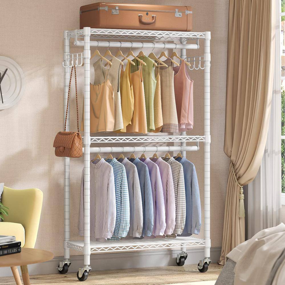 None White Metal Garment Clothes Rack with Wheels 29.5 in. W x 76.8 in. H