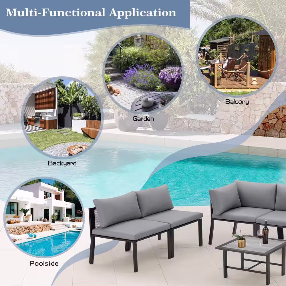 AECOJOY 7-Piece Metal Outdoor Patio Conversation Set with Cover and Gray Cushions