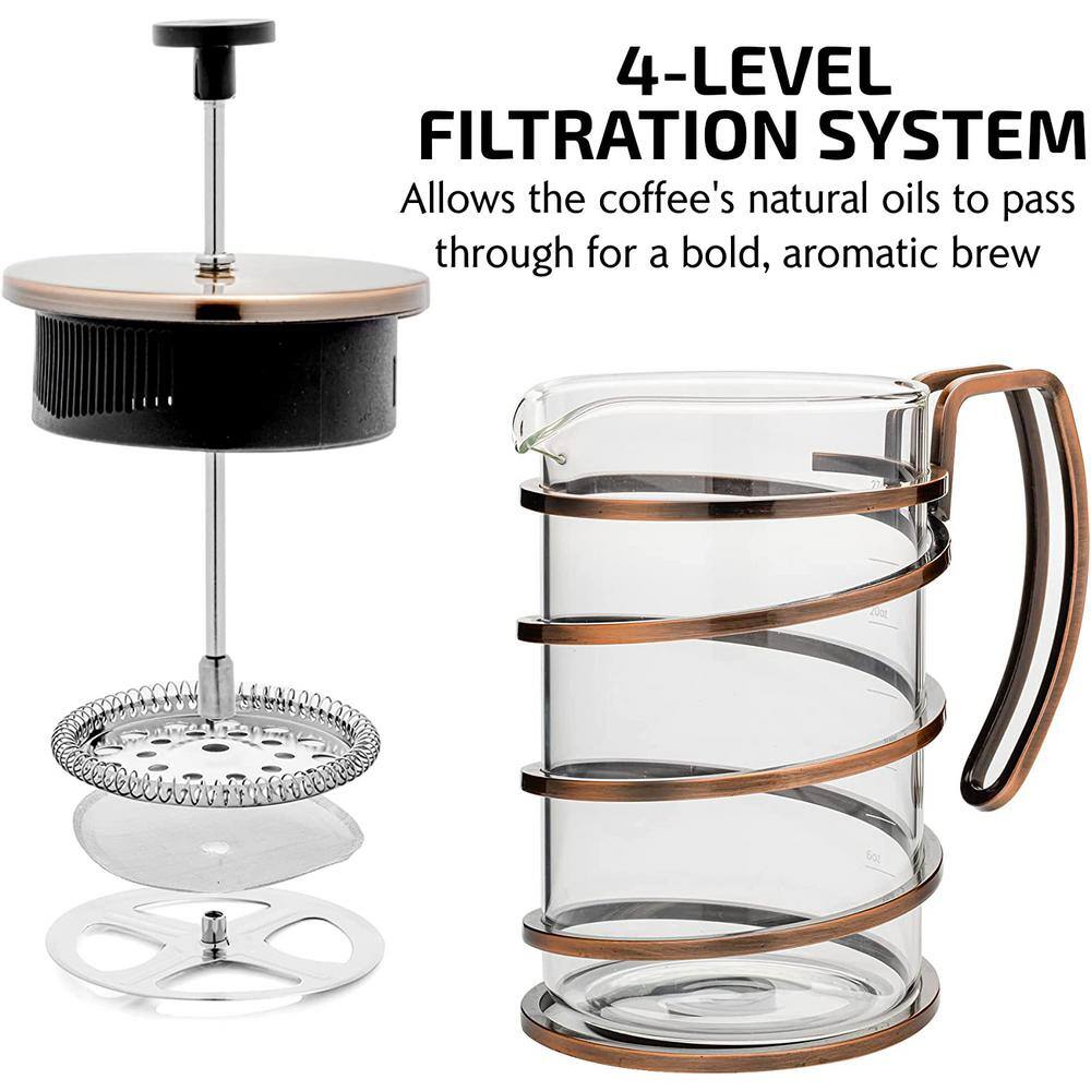 OVENTE French Press Coffee Maker 1-Cup 27 oz. with Stainless Steel Filter Plunger Spiral Copper FSW27C