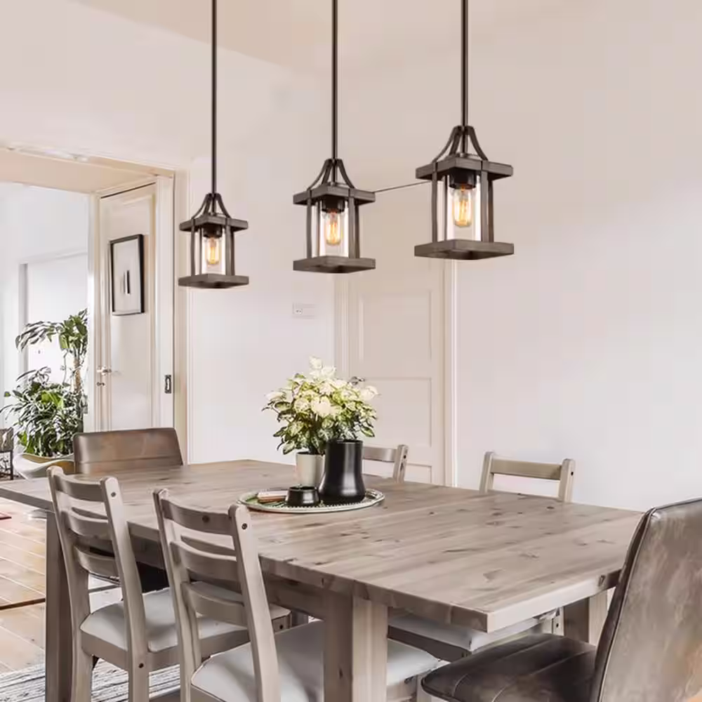 LNC 1-Light Rustic Caged Textured Dark Brown Farmhouse Pendant Light with Modern Clear Glass Shade and Antique Wood Accent