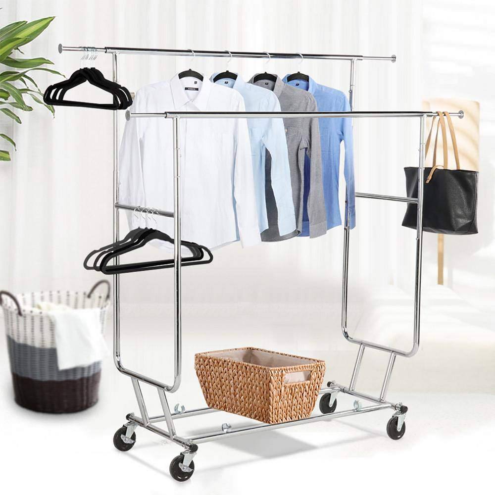 None Silver Iron Garment Clothes Rack Double Rods 50 in. W x 65 in. H