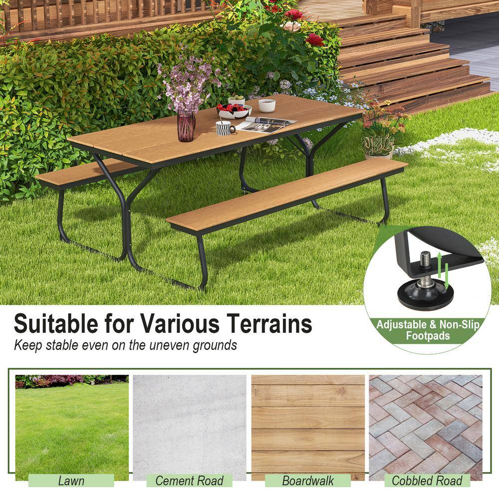 ANGELES HOME 6 ft. Outdoor Metal Rectangular Picnic Table Bench Set for 6-People to 8-People Brown