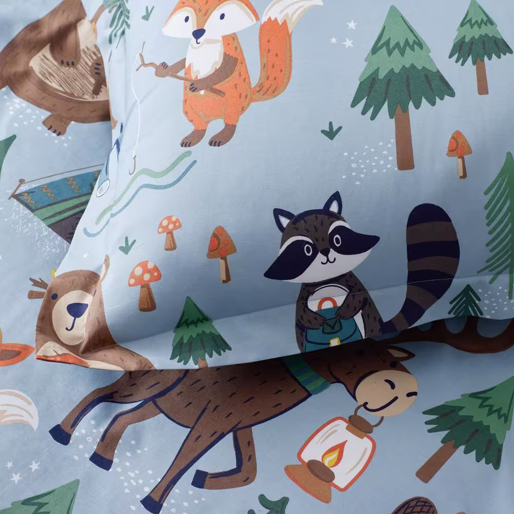 The Company Store Company Kids Animal Campers Blue Multi Organic Cotton Percale Standard Pillowcases (Set of 2)