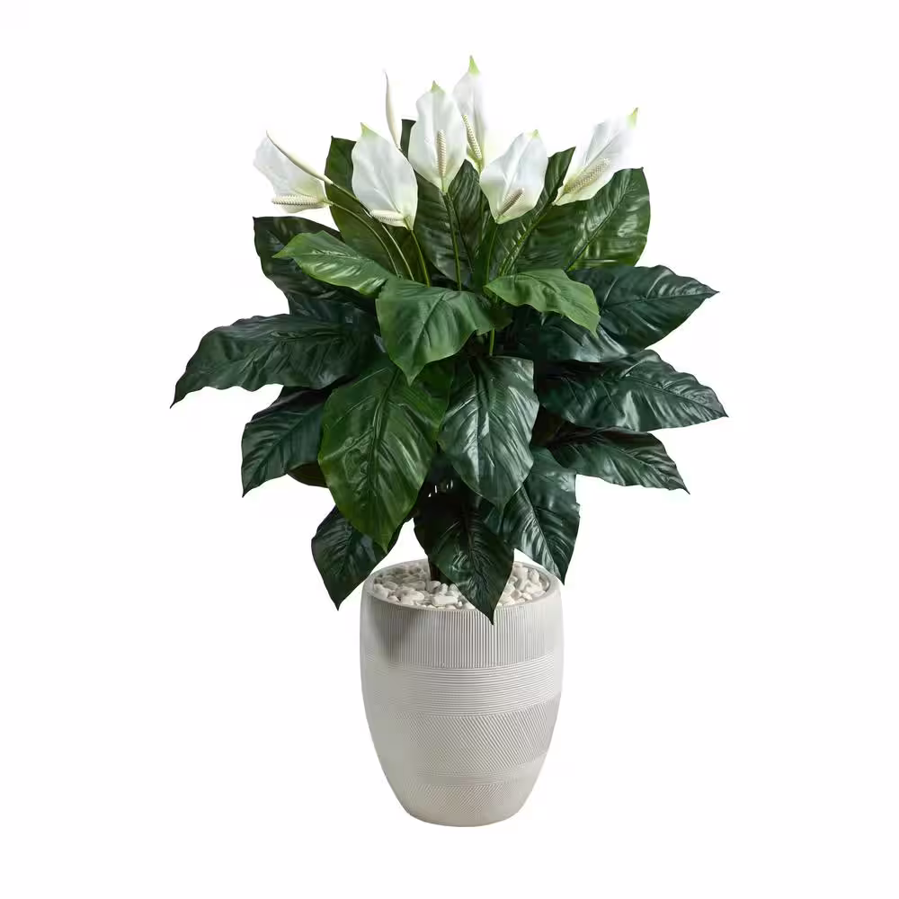 Nearly Natural 4 ft. Artificial Spathiphyllum Plant in White Designer Planter