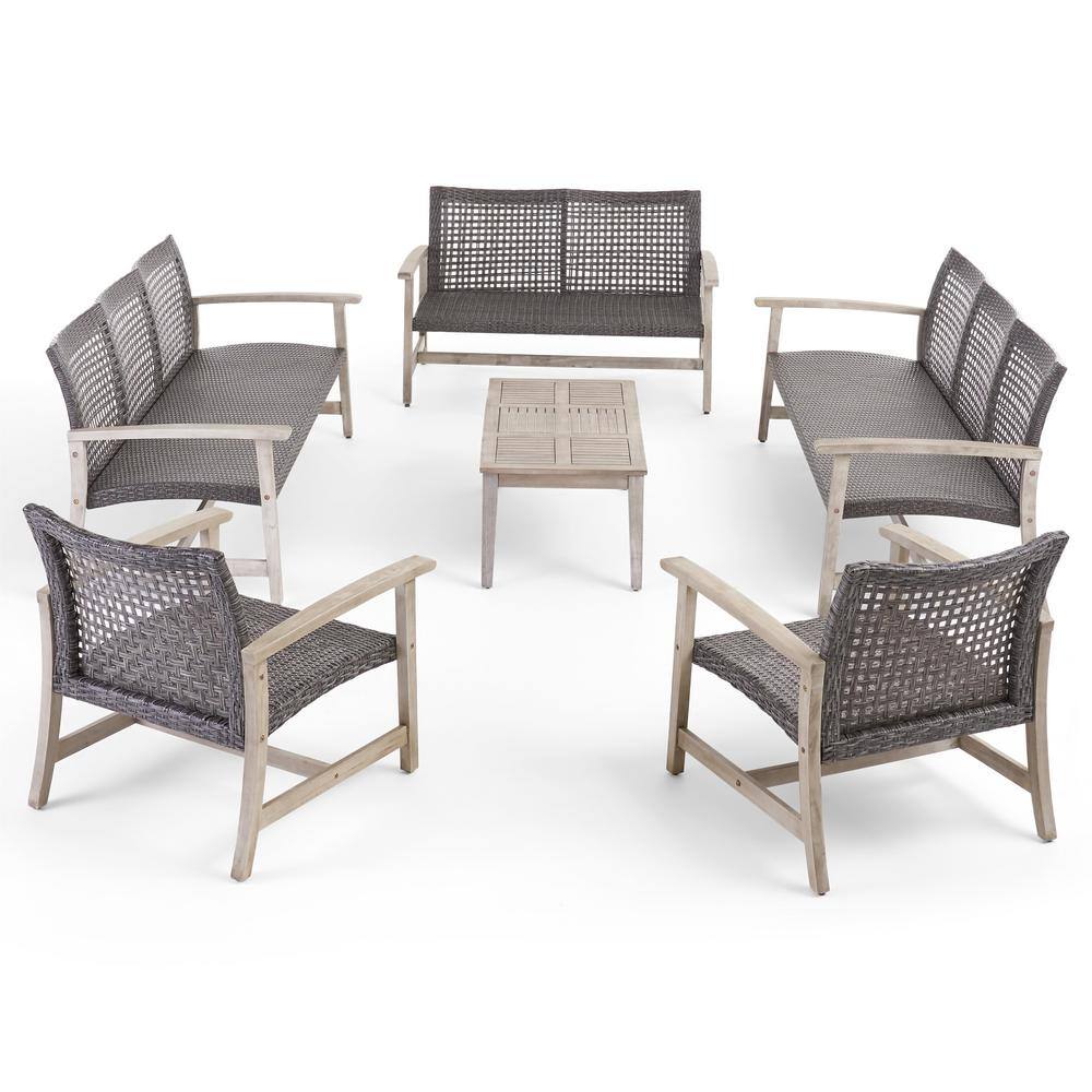 Noble House Hampton Natural 6-Piece Wood and Faux Rattan Patio Conversation Set