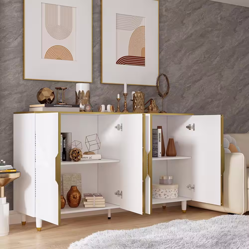 None 63 in. W White Wood 4-Doors Storage Cabinet Cupboard with Gold Texture and Adjustable Shelves