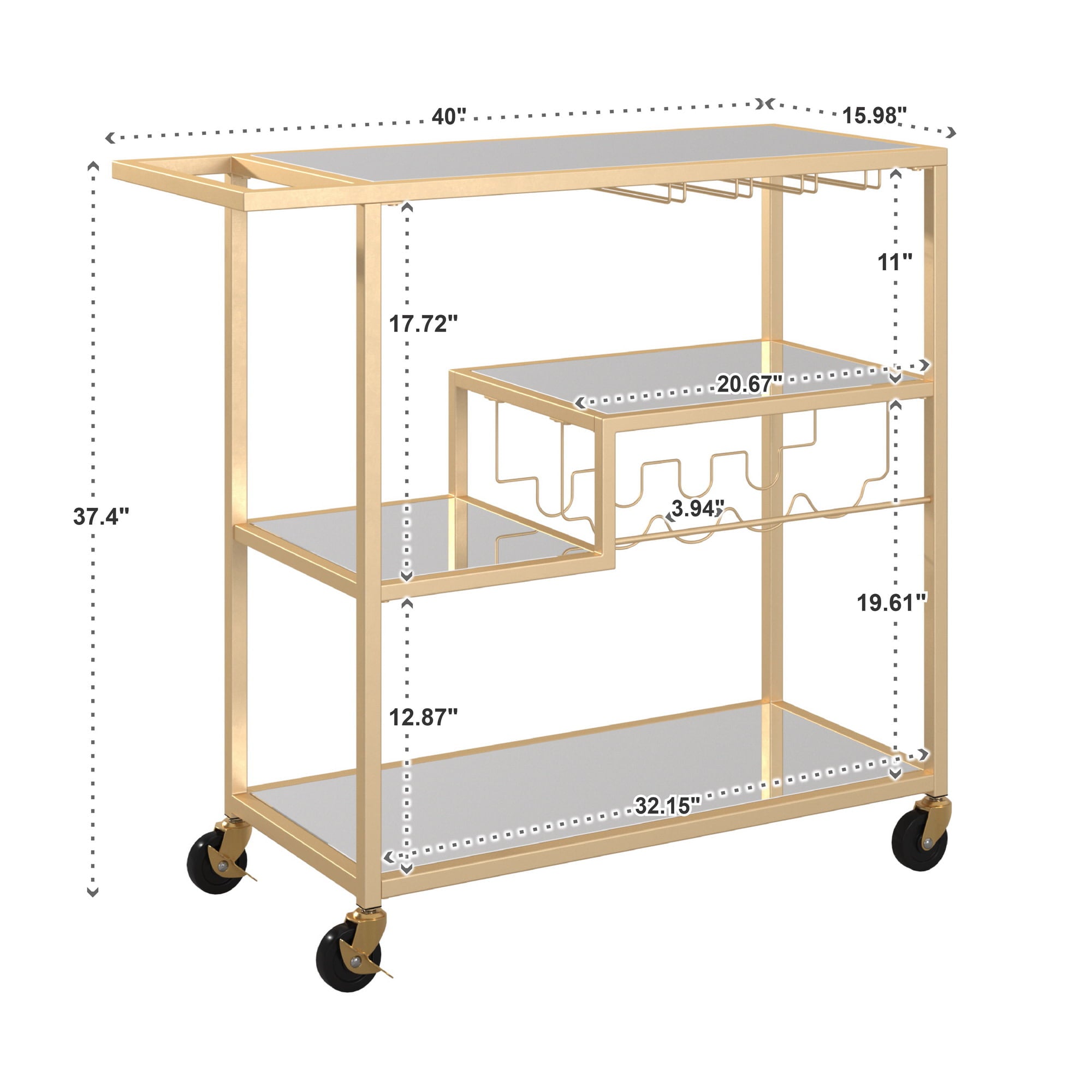 Chelsea Lane Mirror Glass Top Metal Bar Cart, Champagne Gold