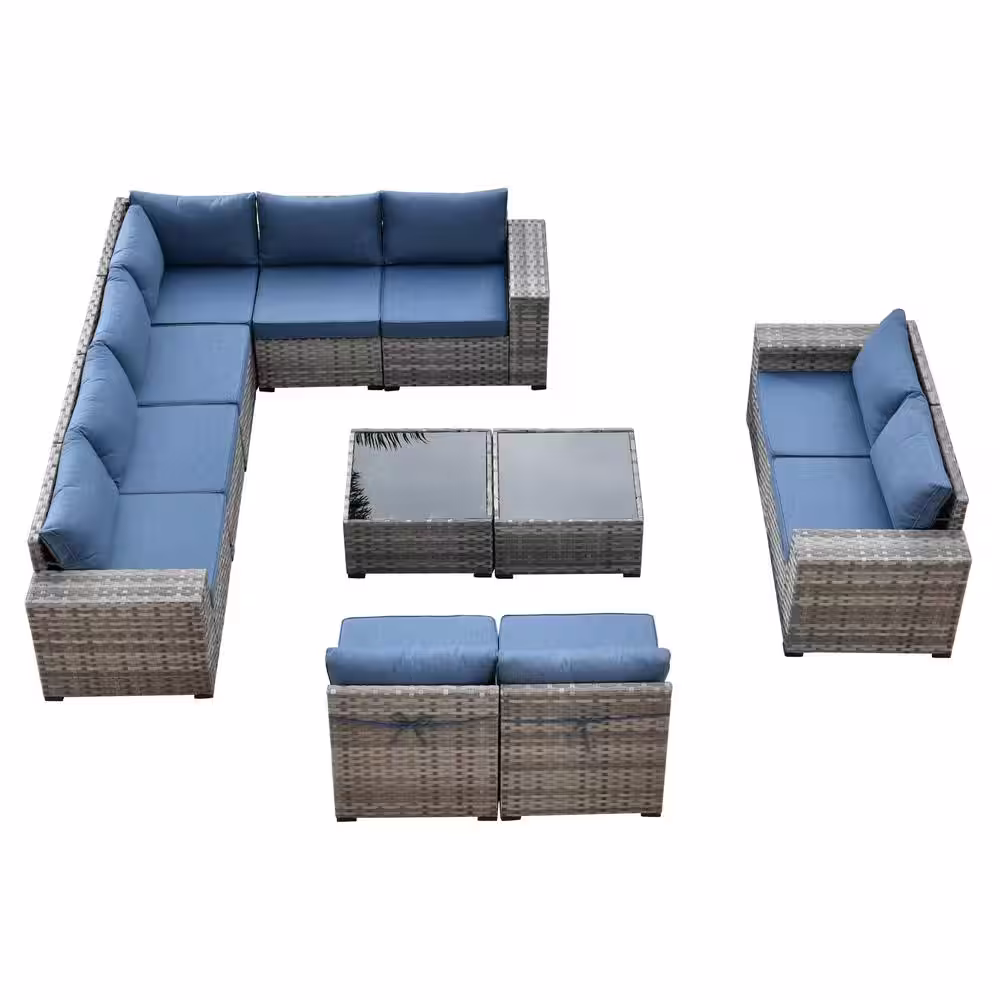 HOOOWOOO Tahoe Grey 12-Piece Wicker Wide Arm Outdoor Patio Conversation Sofa Seating Set with Denim Blue Cushions