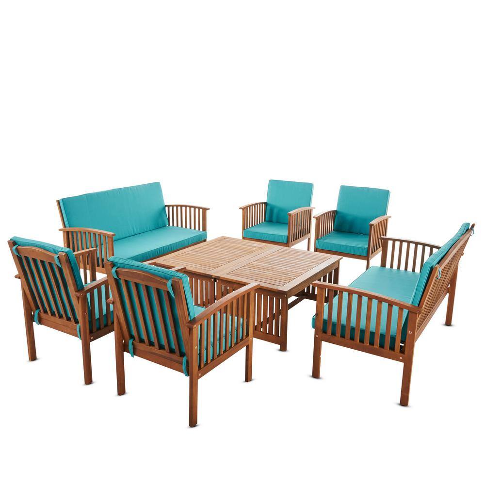 Noble House Thalia Brown 8-Piece Wood Patio Conversation Set with Teal Cushions
