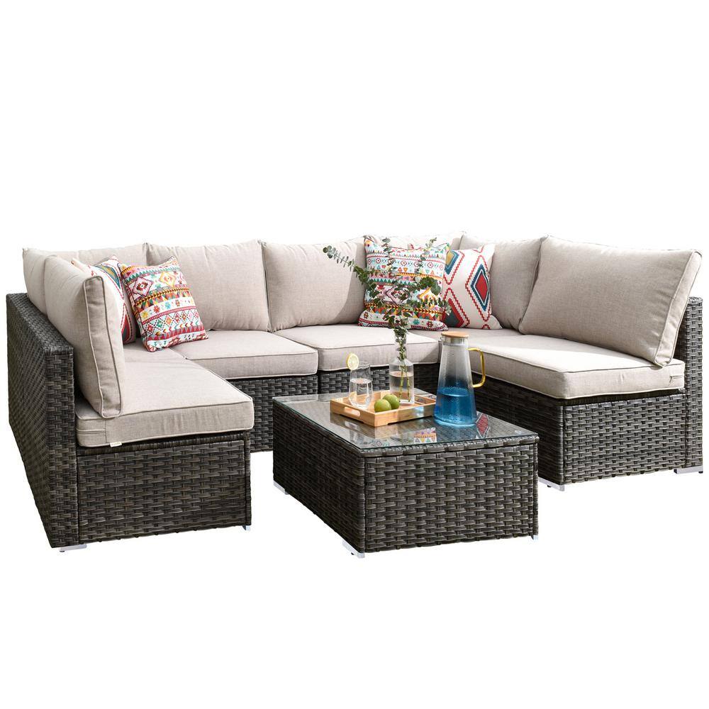 HOOOWOOO Messi Gray 7-Piece Wicker Outdoor Patio Conversation Sectional Sofa Set with Beige Cushions