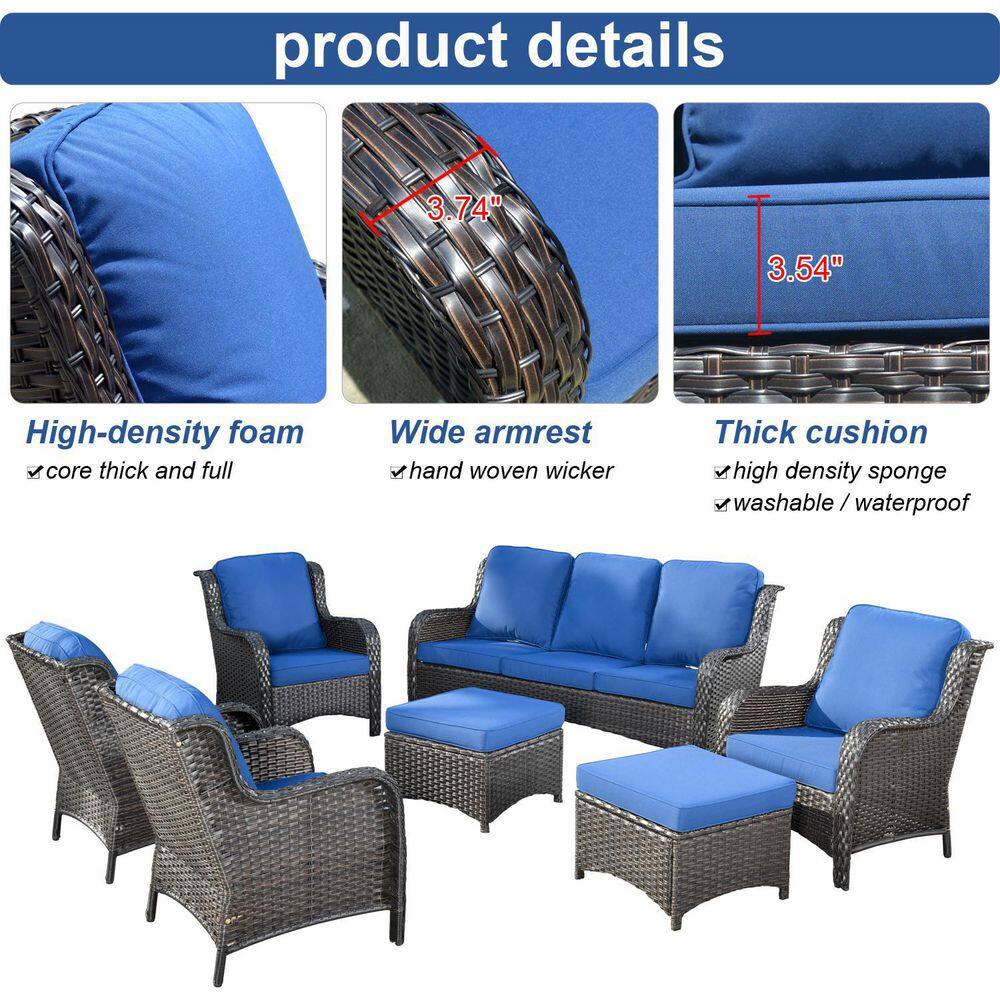 XIZZI Santorini Brown 7-Piece Wicker Outdoor Patio Conversation Seating Sofa Set with Navy Blue Cushions