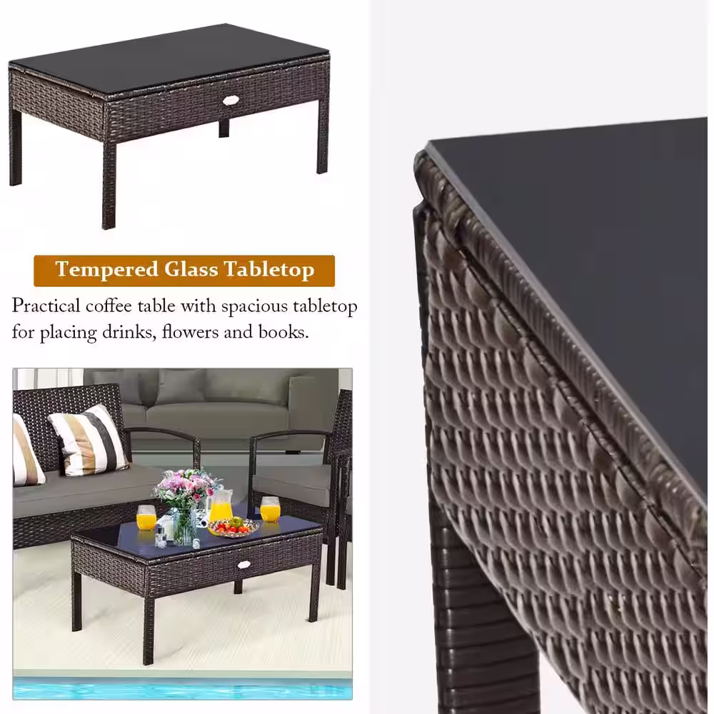 None 4-Piece Wicker Outdoor Patio Conversation Set with Tan Cushions and Coffee Table