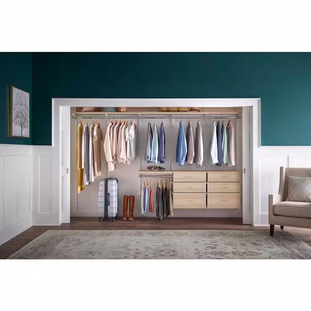 Everbilt Genevieve 10 ft. Birch Adjustable Closet Organizer 2 Long, 2 Short, and Double Hanging Rods with 6 Drawers