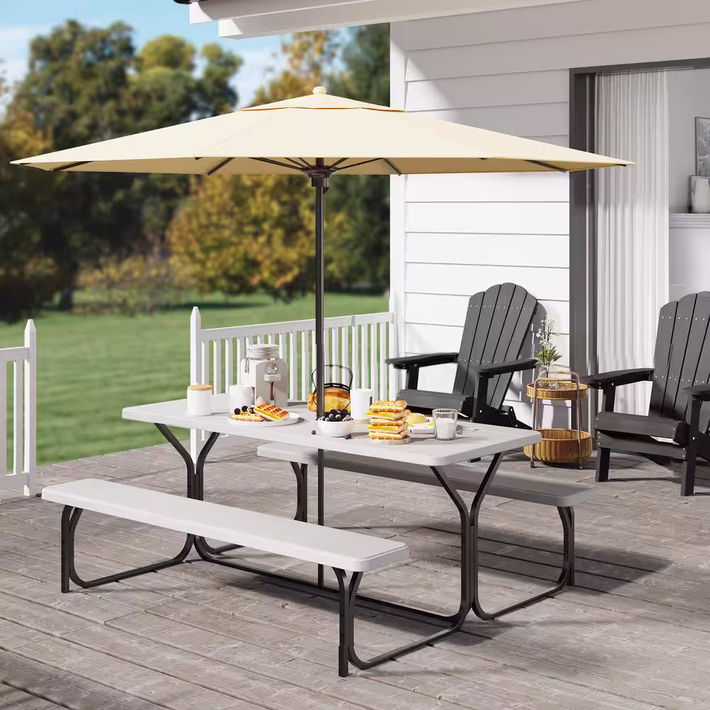 None 6 ft. Outdoor Picnic Table and Bench with Umbrella Hole