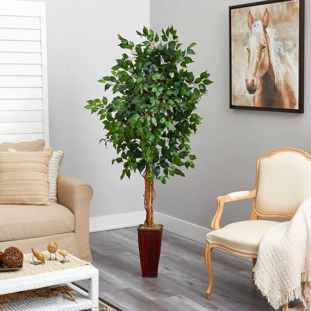 Nearly Natural 6ft. Indoor Artificial Ficus Tree in Bamboo Planter
