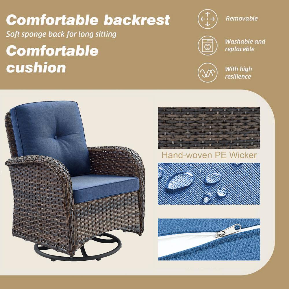 Pocassy Brown 3-Piece Wicker Patio Conversation Set with Blue Cushions and Coffee Table All-Weather Swivel Rocking Chairs