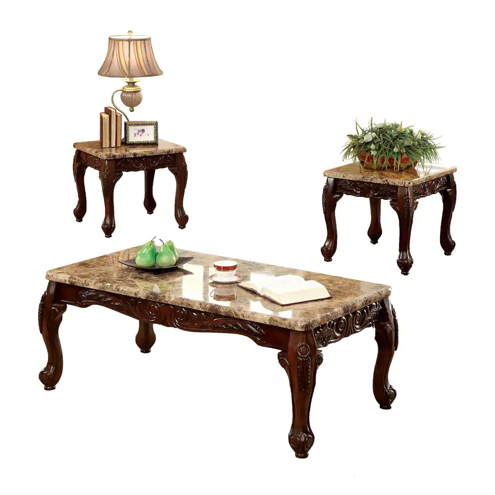 Furniture of America Semoleah 3-Piece 48 in. Dark Oak and Ivory Rectangle Faux Marble Coffee Table Set