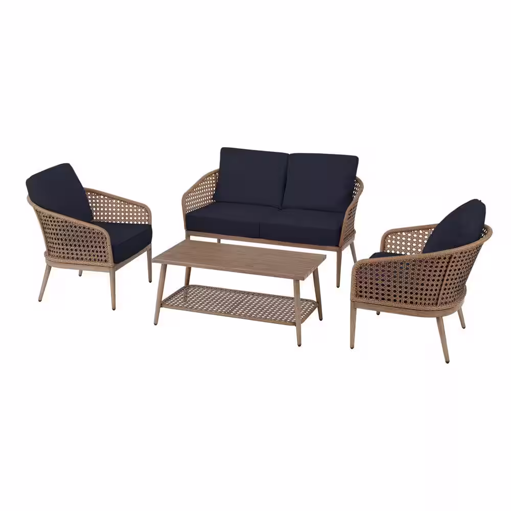 Hampton Bay Coral Vista 4-Piece Brown Wicker and Steel Patio Conversation Seating Set with CushionGuard Midnight Navy Blue Cushions
