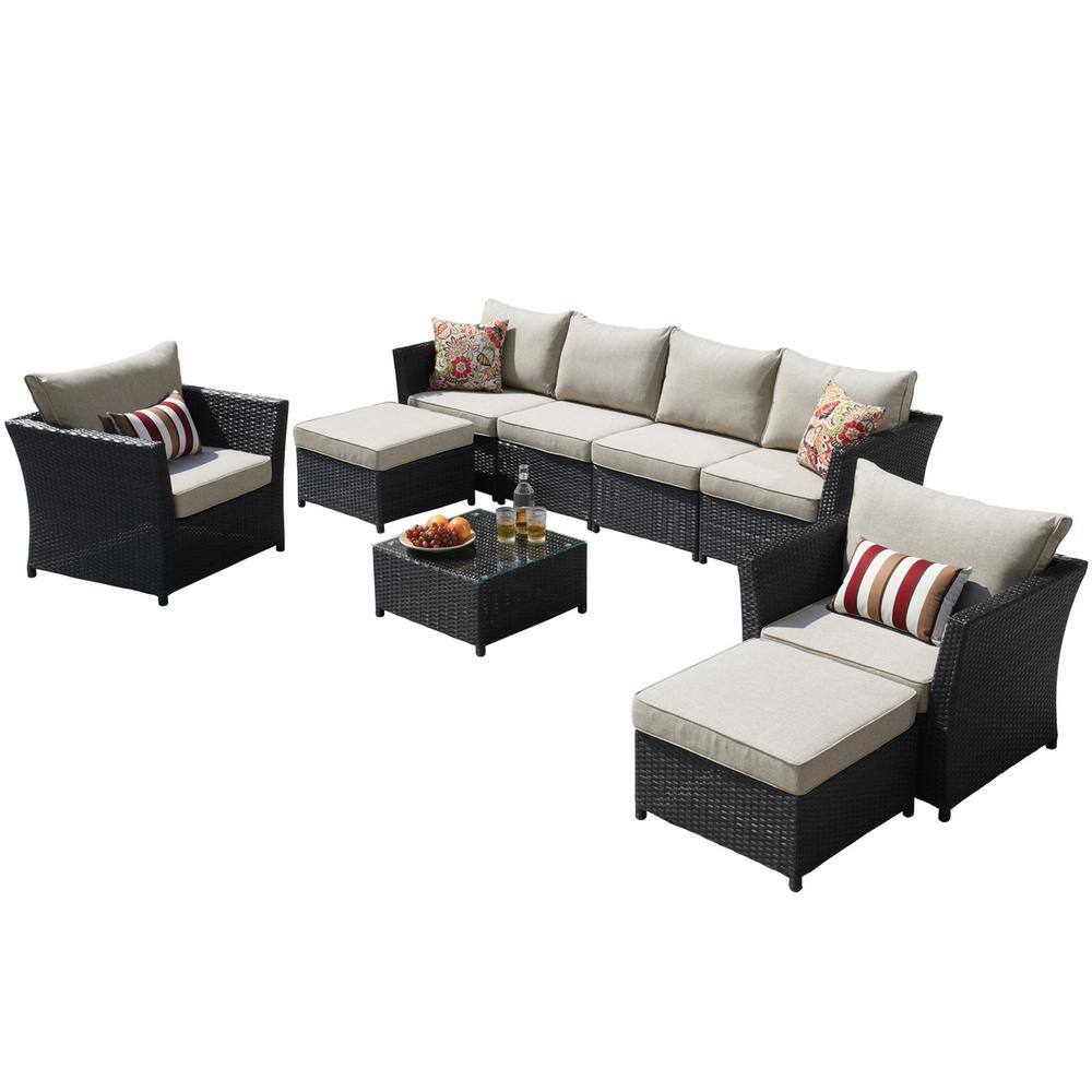 None Minerva Brown 9-Piece Wicker Outdoor Patio Conversation Sectional Sofa Set with Beige Cushions
