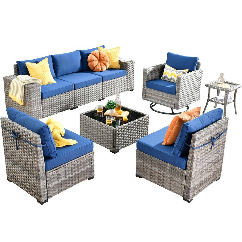 HOOOWOOO Tahoe Grey 8-Piece Wicker Outdoor Patio Conversation Sofa Set with a Swivel Rocking Chair and Navy Blue Cushions