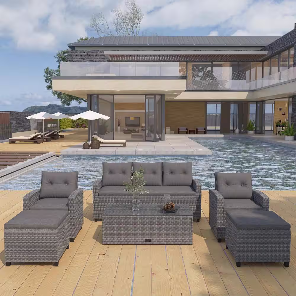 Clihome 6-piece Wicker Patio Conversation Set All-Weather PE rattan Outdoor Sectional Set with Gray Cushions