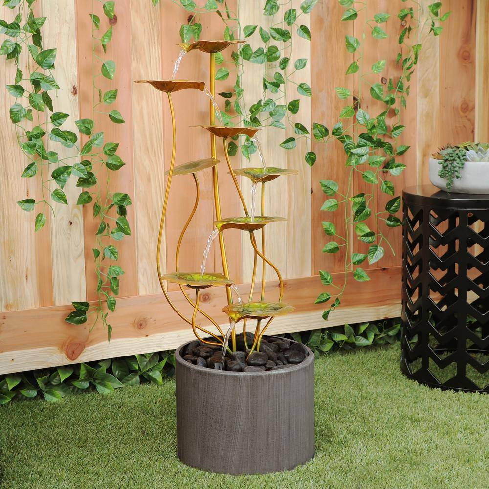 Alpine Corporation 31 in. Tall Indoor/Outdoor Multi-Tiered Lily Pads Metal Fountain with Stones