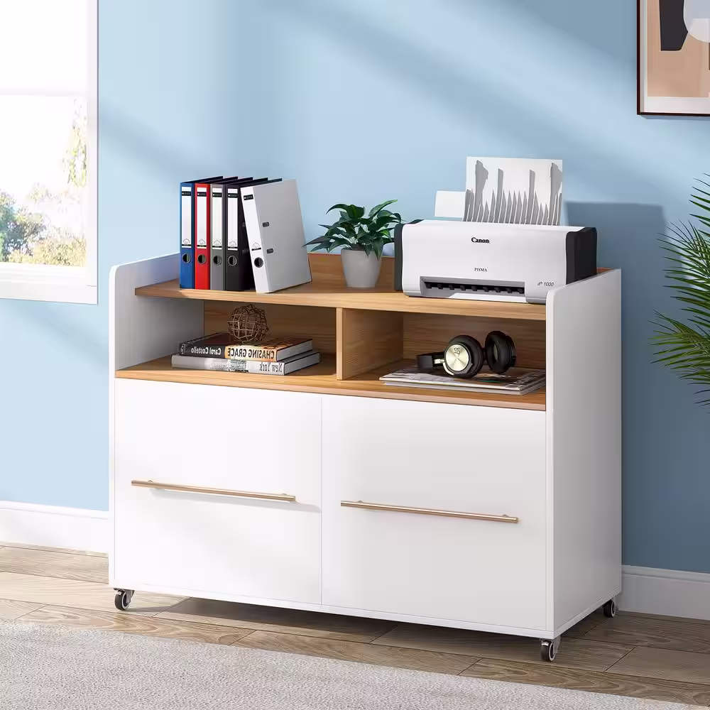 BYBLIGHT Atencio White 2-Drawer Mobile File Cabinet with Storage Shelves and Locking Casters for Home Office