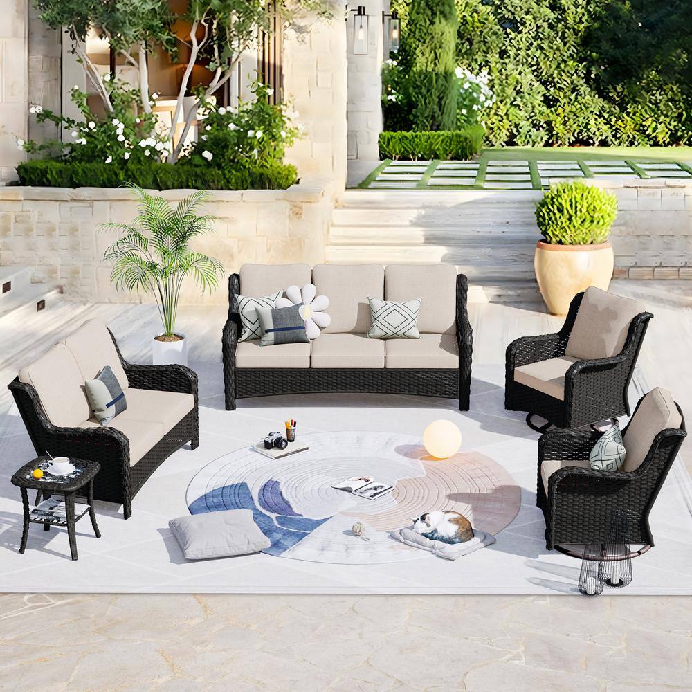 OVIOS Mercury Brown 5-Piece Wicker Patio Conversation Seating Set with Beige Cushions