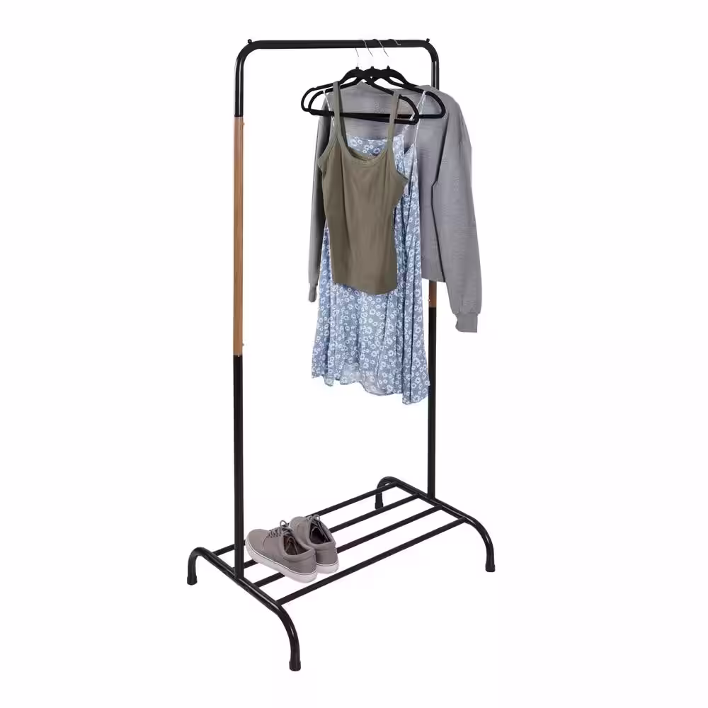 Honey-Can-Do Black/Natural Steel Clothes Rack with Shoe Shelf 29.5 in. W x 61 in. H