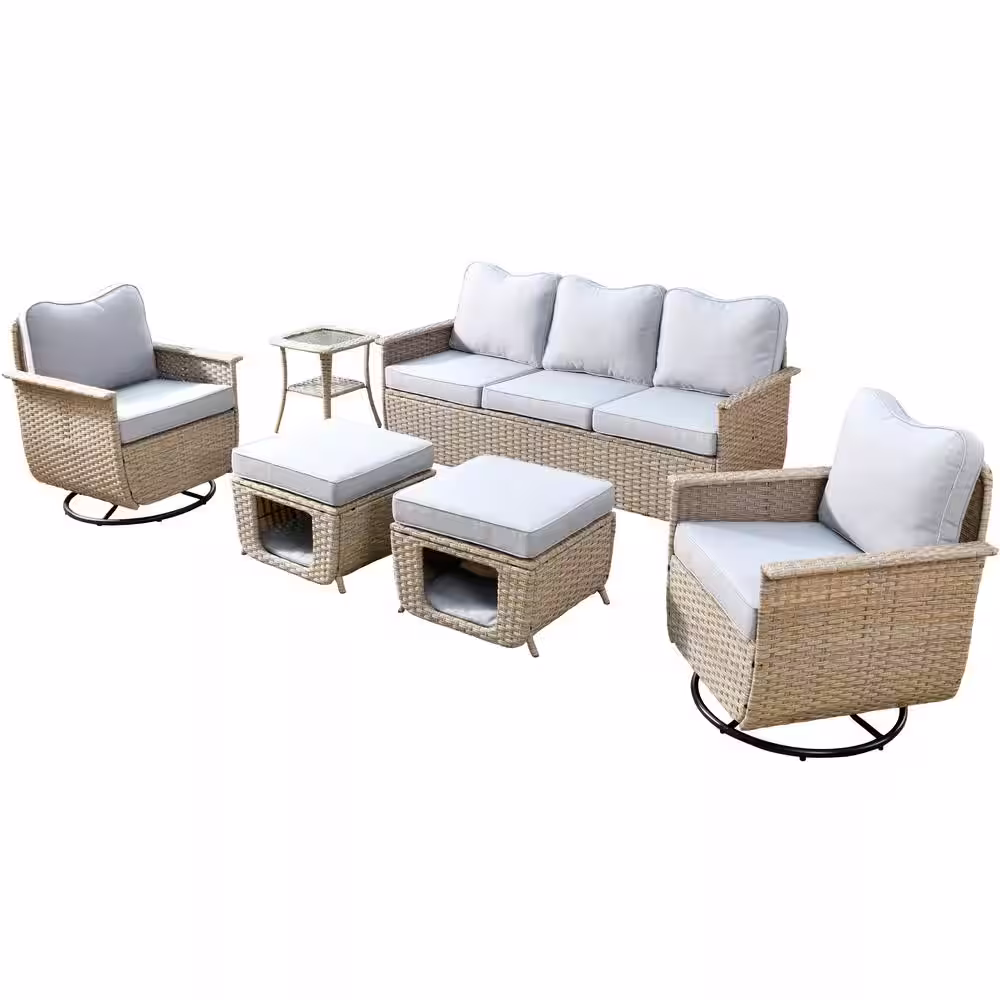 XIZZI Aphrodite 6-Piece Wicker Patio Conversation Seating Sofa Set with Cushions and Swivel Rocking Chairs