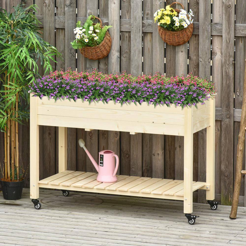 Outsunny Natural Wooden Raised Mobile Garden Bed with Non-Woven Bag
