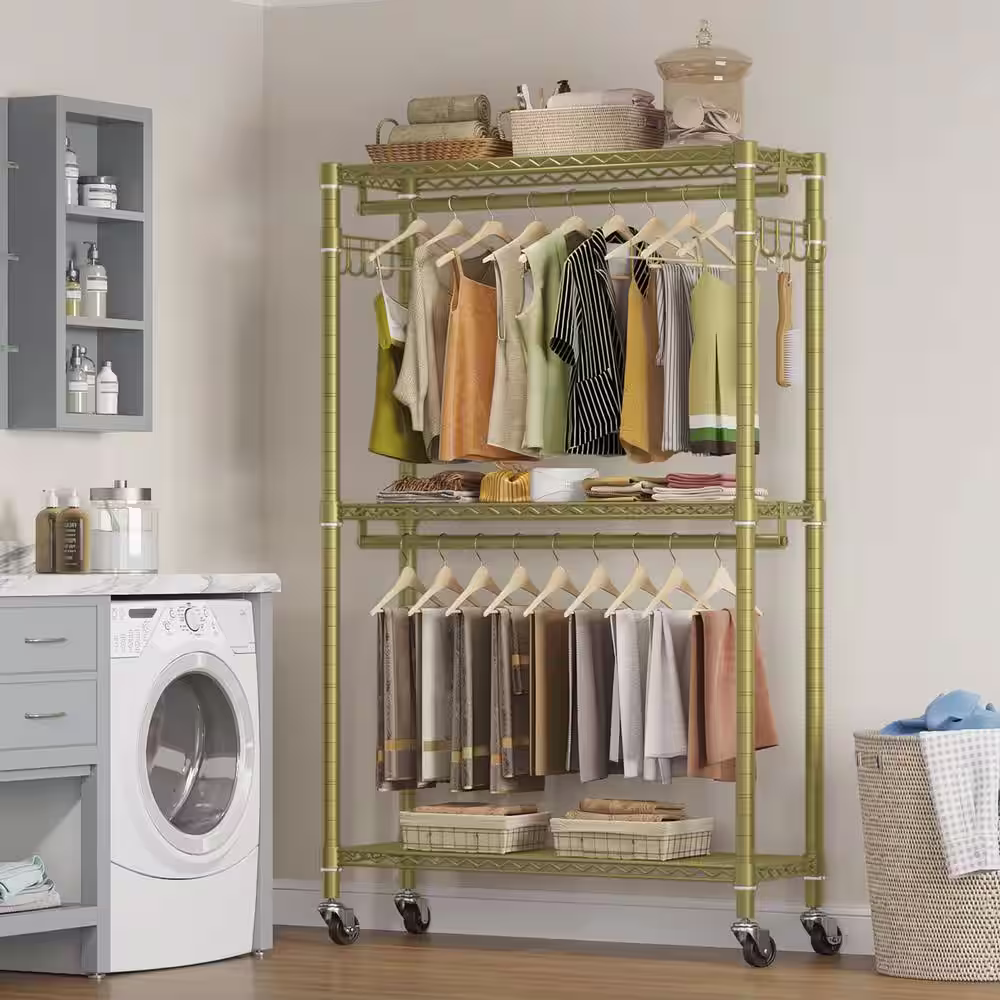 None Gold Metal Garment Clothes Rack with Wheels 45 in. W x 80 in. H