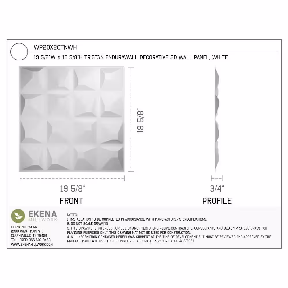 Ekena Millwork 1 in. x 19-5/8 in. x 19-5/8 in. White PVC Tristan EnduraWall Decorative 3D Wall Panel (2.67 sq. ft.)