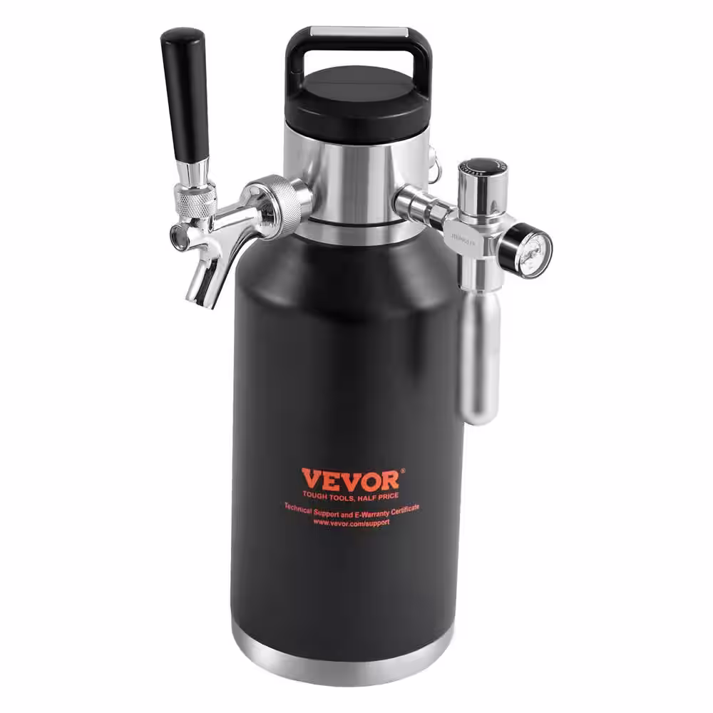 VEVOR Beer Growler Tap System 64 oz. 1.89 l Mini Keg 304-Stainless Steel Pressurized Beer Growler with Pressure Display, Black