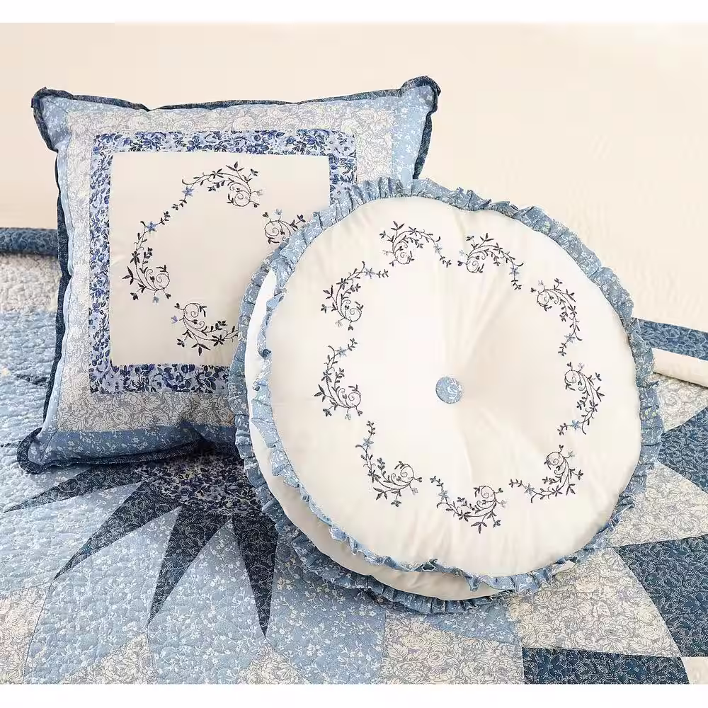 MODERN HEIRLOOM Charlotte Blue Embroidered Square 16 in. x 16 in. Decorative Pillow