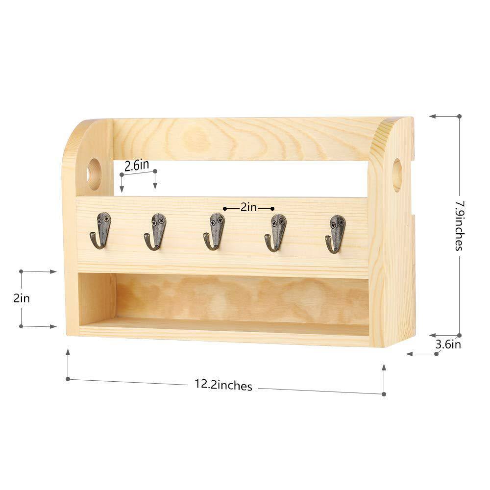 None Mail and Key Holder for Wall with 5-Key Hooks Rustic Wall Mail Sorter with Shelf Natural Wood Color