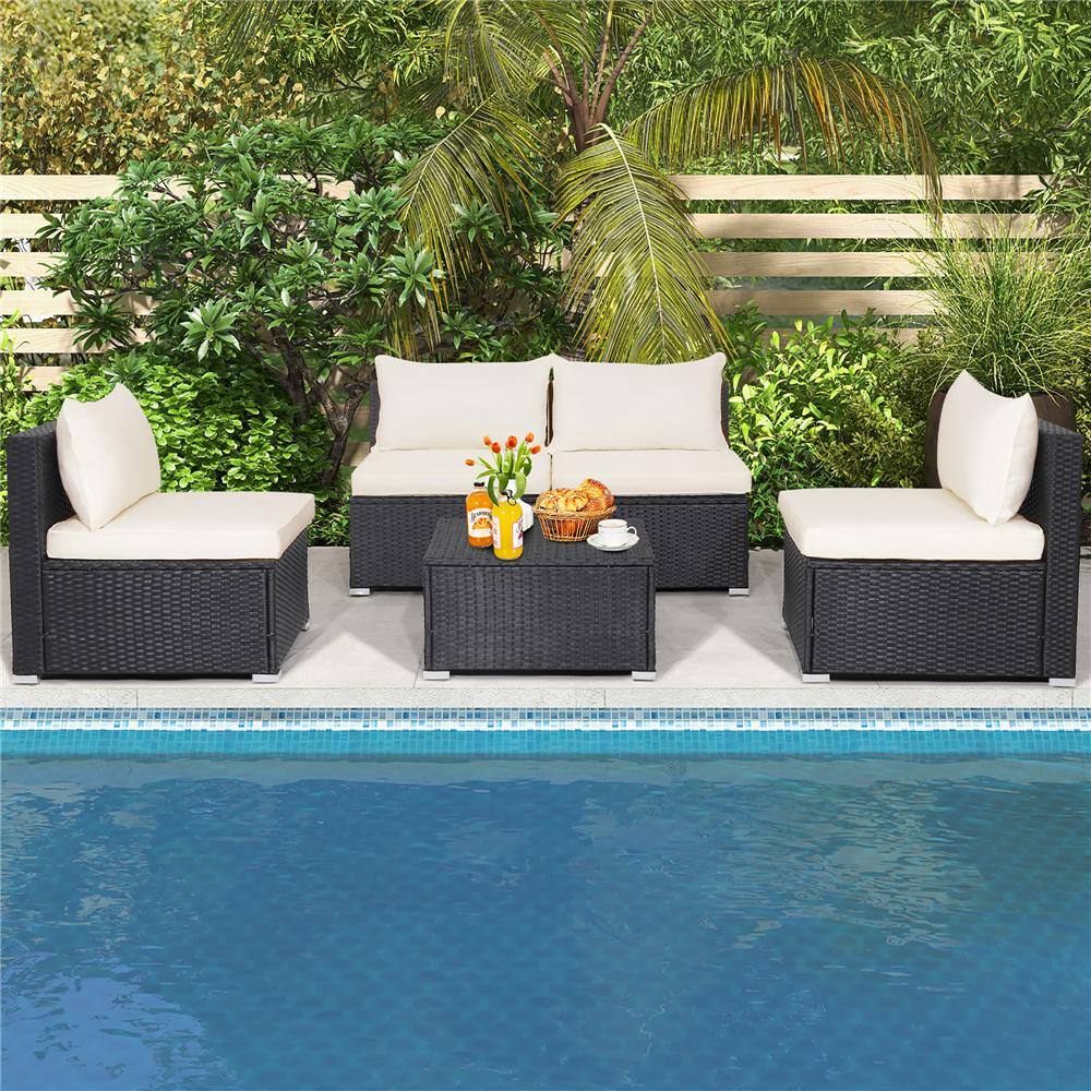Costway 5-Piece Patio Rattan Wicker Furniture Conversation Set Cushioned Sofa Deck in Off White