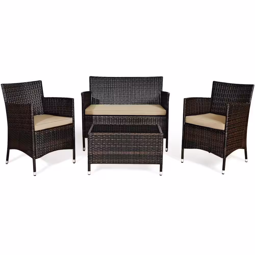 Costway 4-Piece Patio Rattan Conversation Set Outdoor Wicker Furniture Set with Tempered Glass in Beige/Tan Cushion