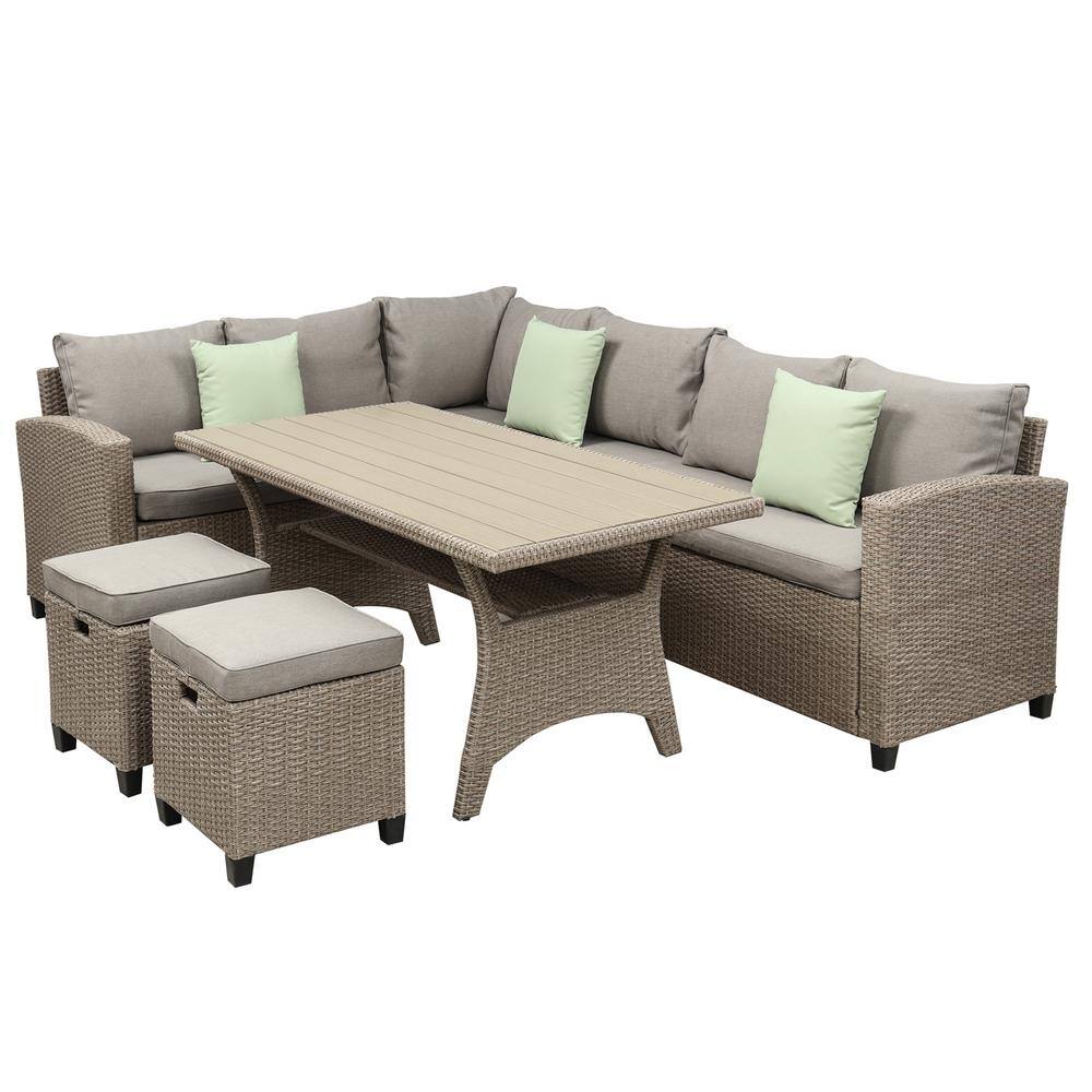 waelph Brown 5-Piece Wicker Patio Conversation Set Dining Table Chair with Ottoman and Brown Cushions