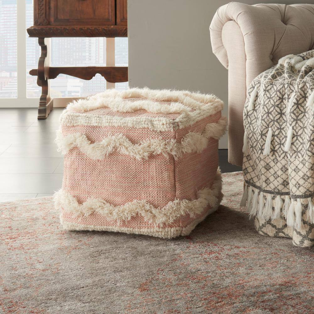 Mina Victory Life Styles Blush Woven Fringe 16 in. x 16 in. x 16 in. Ottoman