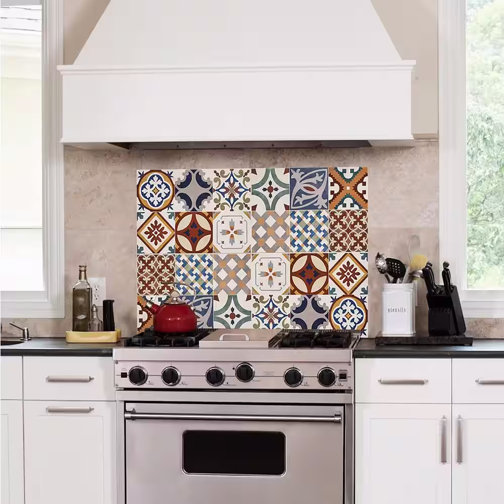 None Red Semi-Gloss Azulejos Kitchen Panel