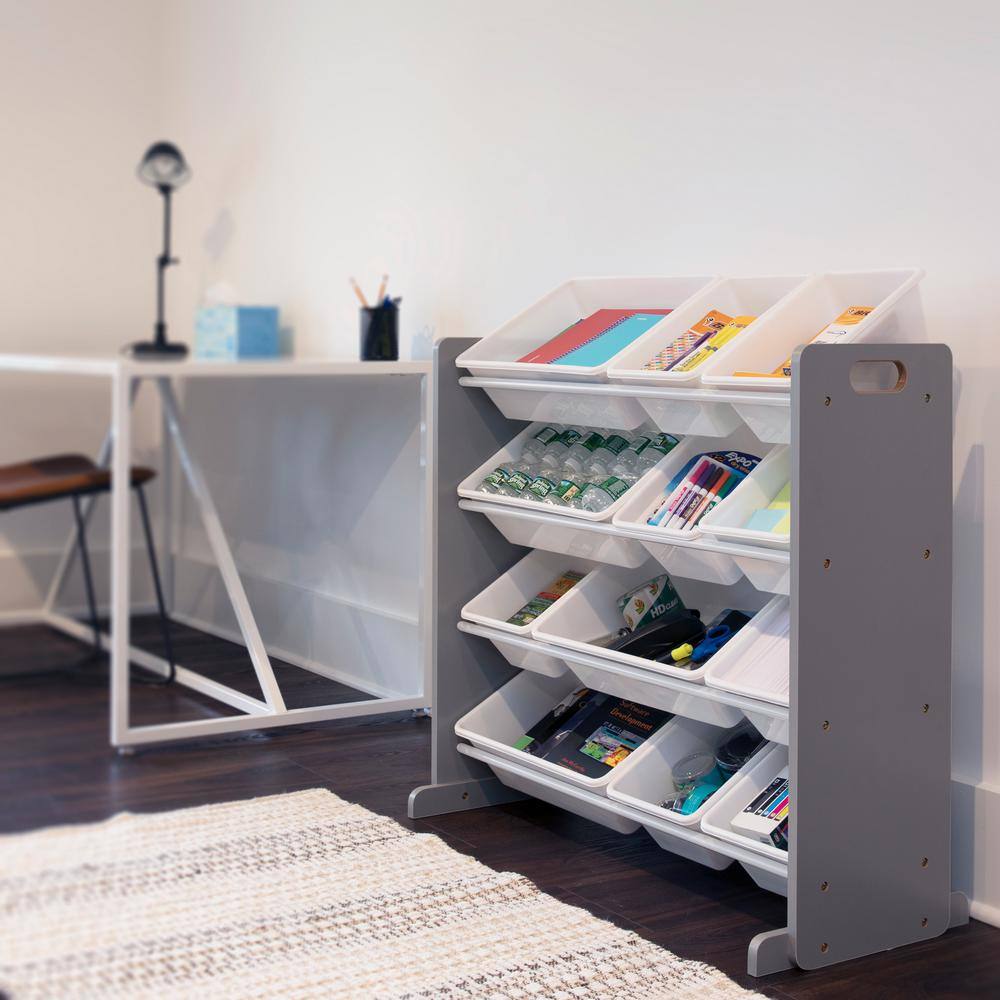 Humble Crew Inspire Collection Grey/White Kids Wood Toy Storage Organizer with 12-Plastic Bins