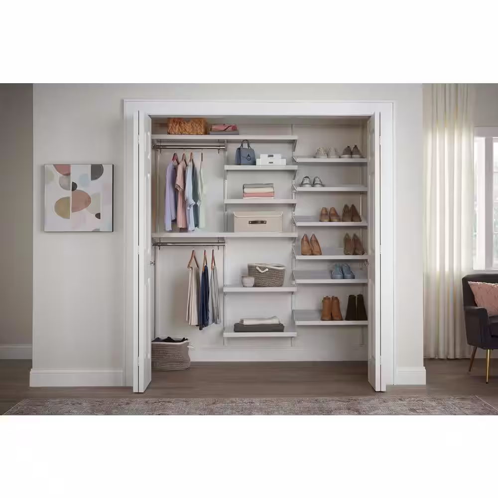 Everbilt Genevieve 6 ft. White Adjustable Closet Organizer Double Hanging Rod with Shoe Rack and 6 Shelves