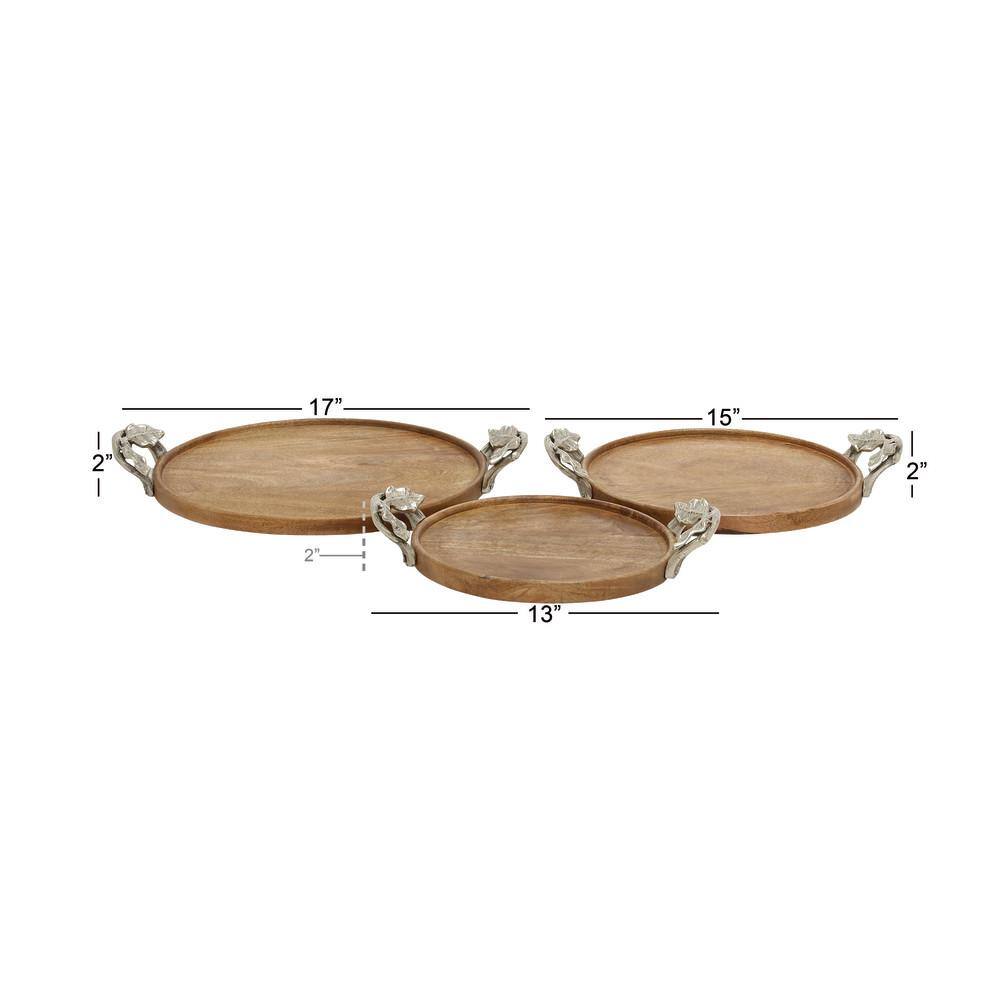 Litton Lane Brown Mango Wood Decorative Tray with Metal Handles (Set of 3)