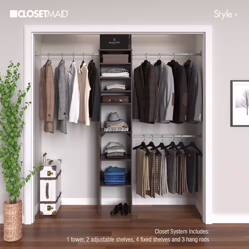 ClosetMaid Style+ 72 in. W - 113 in. W Modern Walnut Narrow Wood Closet System