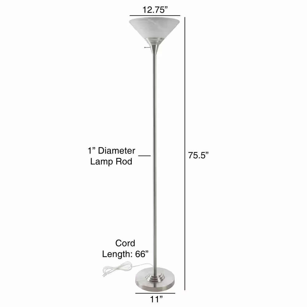 Lavish Home 75.5 in. Brushed Silver Metal Torchiere Floor Lamp with Marbleized Glass Shade
