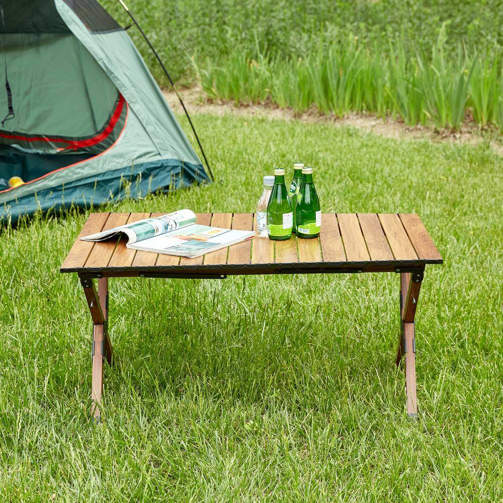 None 37 in. L Brown Rectangular Outdoor Lightweight Aluminum Roll-Up Folding Camping Table for Picnics, BBQ (1-Pack)