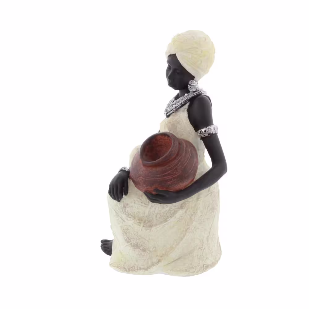 Litton Lane Cream Polystone Sitting African Woman Sculpture with Red Water Pot