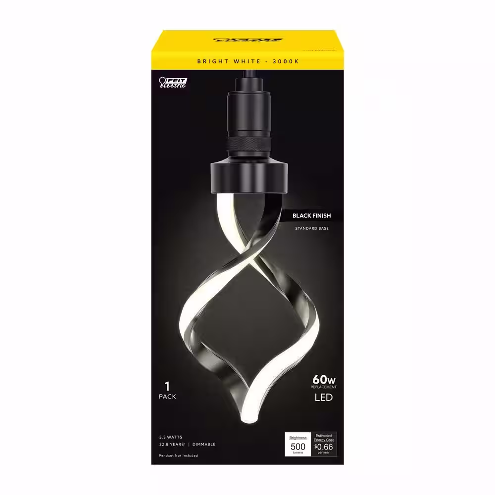 Feit Electric 60W Equivalent Dimmable Oversized Spiral E26 LED Light Bulb Matte Black Finish, Frosted Lens Bright White 3000K (3-Pack)